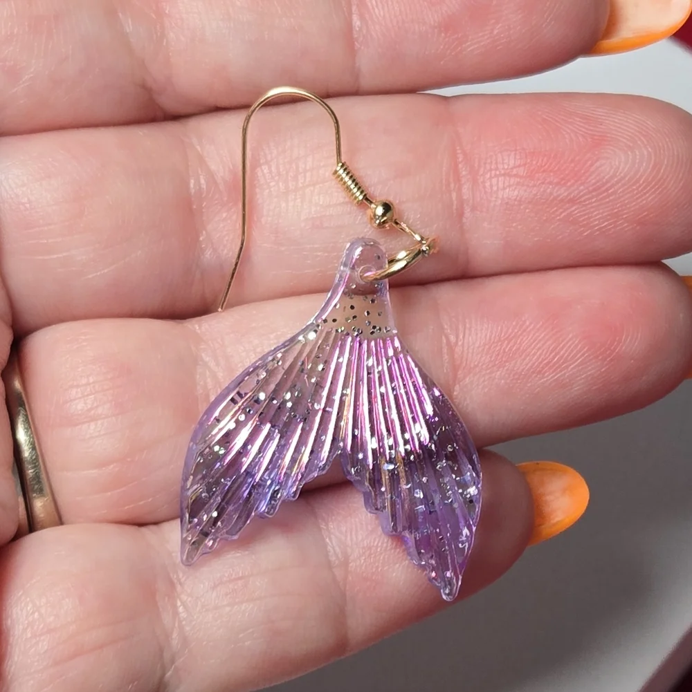 Iridescent Purple Mermaid Tail Earrings Glitter Dangle Ocean Fantasy Jewelry NWT